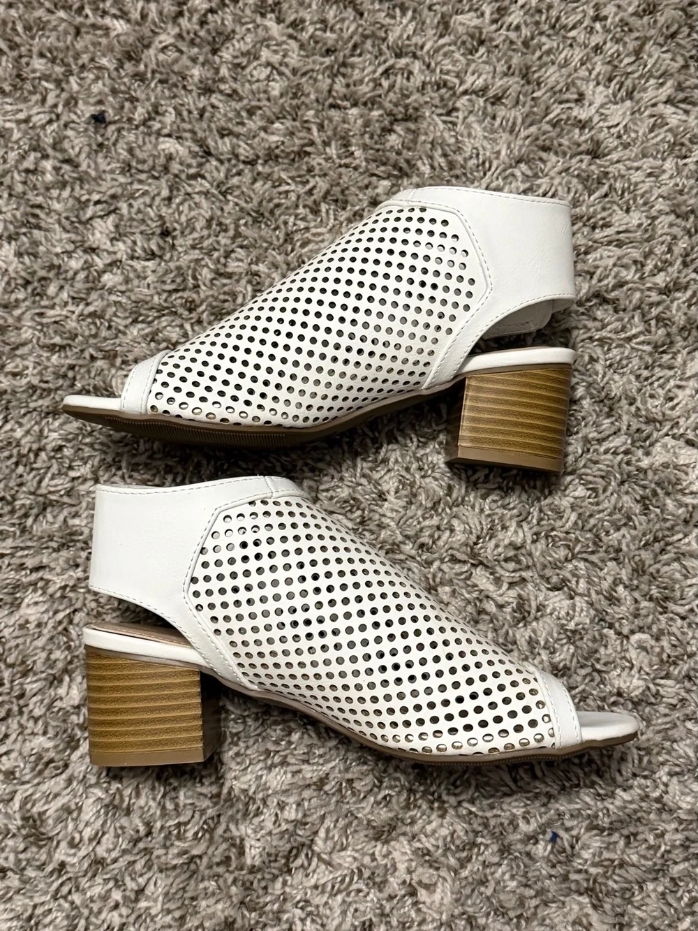 White Perforated Peep-Toe Block Heel Sandals for Women